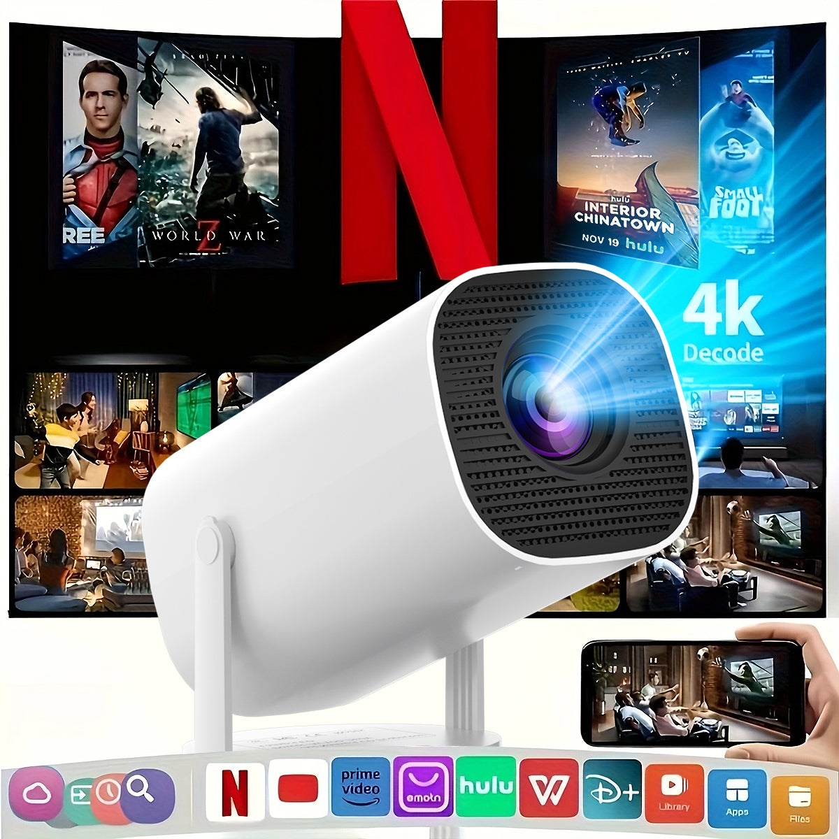 Portable Smart Projector WiFi 6 720P 4K Support 180°