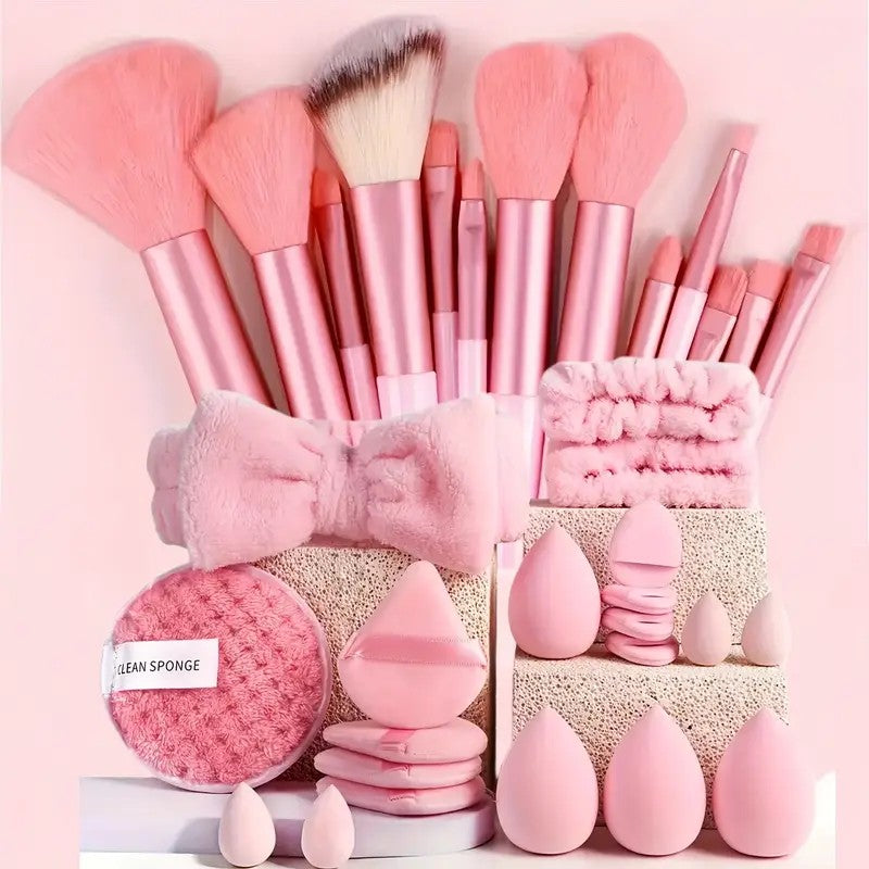 Professional Makeup Brush & Beauty Sponge Set with Powder Puffs and Spa Headband