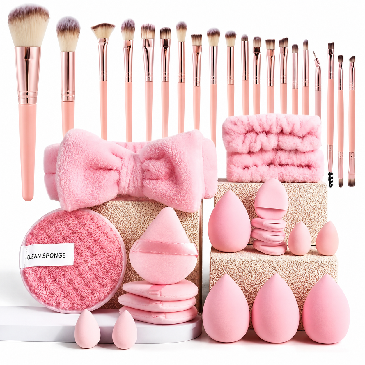 Professional Makeup Brush & Beauty Sponge Set with Powder Puffs and Spa Headband