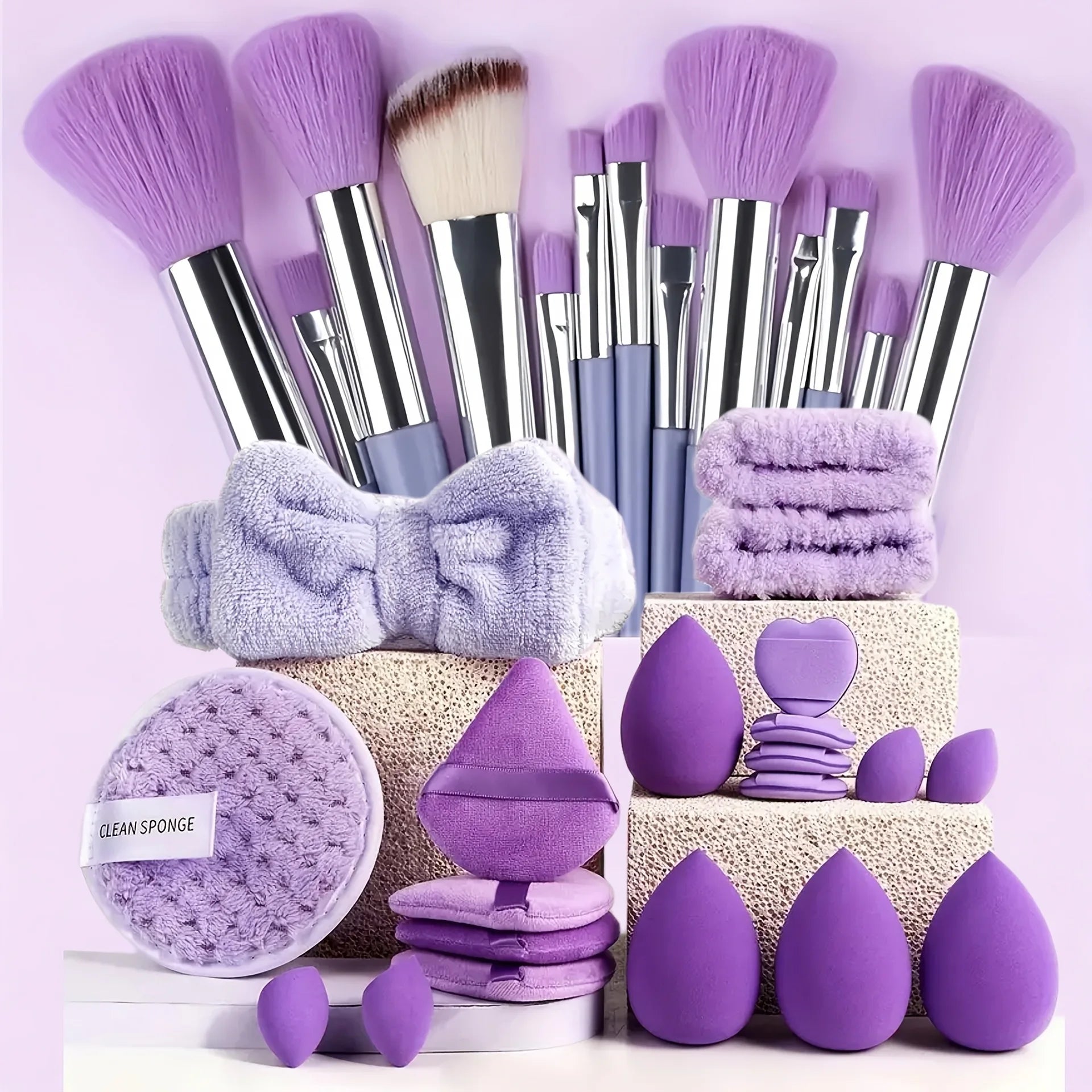 Professional Makeup Brush & Beauty Sponge Set with Powder Puffs and Spa Headband