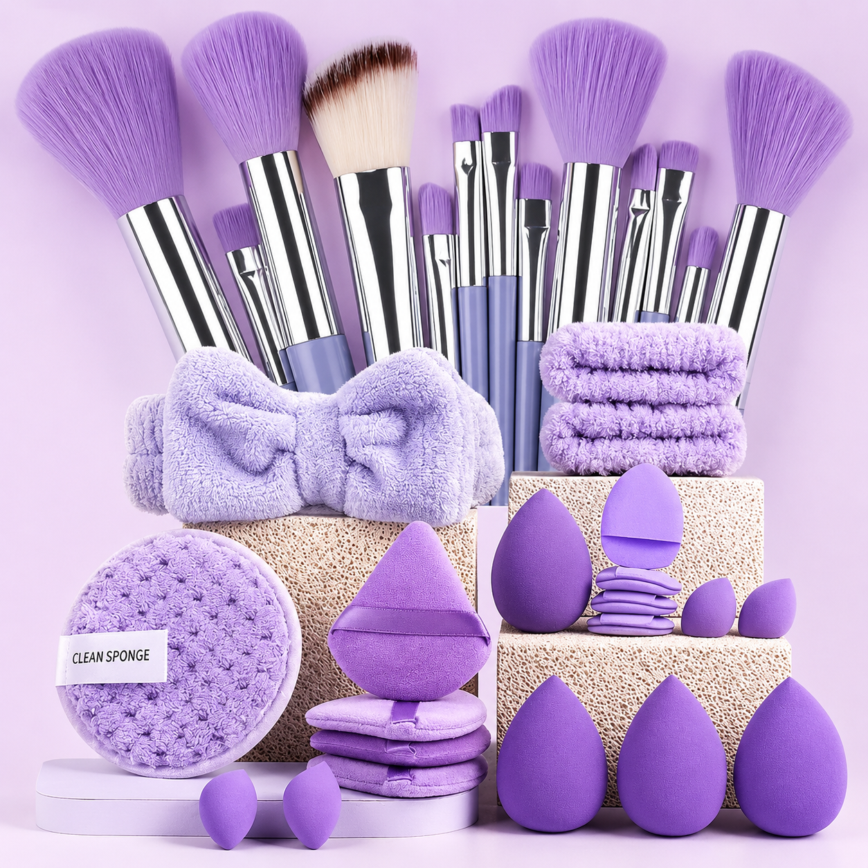 Professional Makeup Brush & Beauty Sponge Set with Powder Puffs and Spa Headband