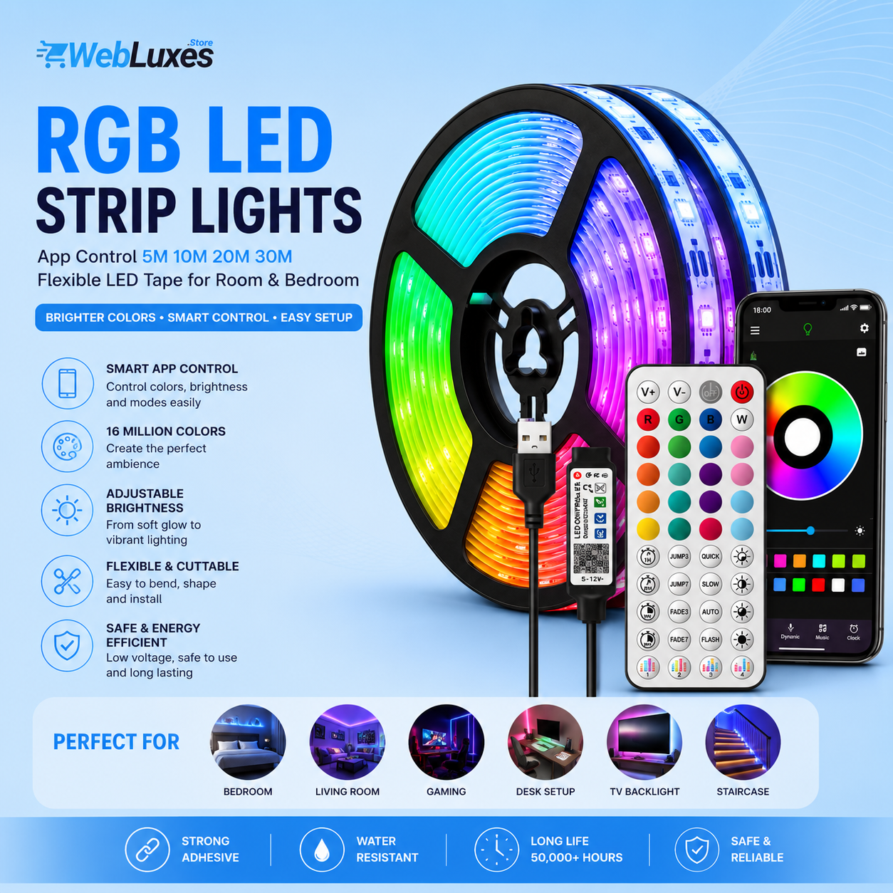 RGB LED Strip Lights with App Control 5M 10M 20M 30M Flexible LED Tape for Room & Bedroom