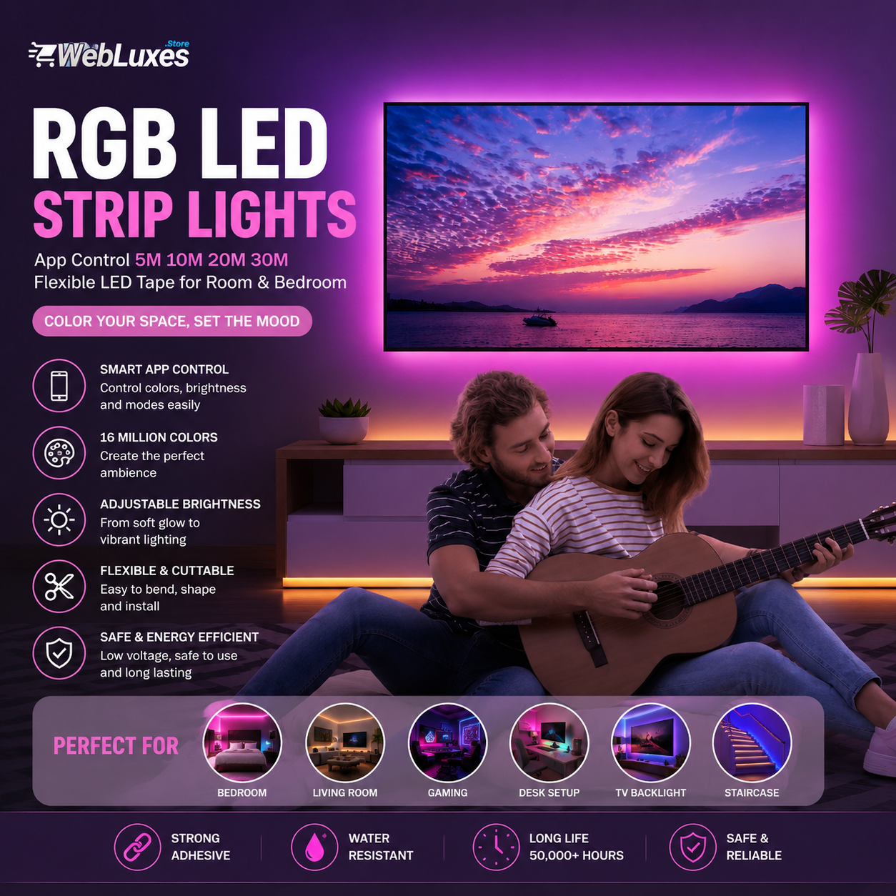 RGB LED Strip Lights with App Control 5M 10M 20M 30M Flexible LED Tape for Room & Bedroom