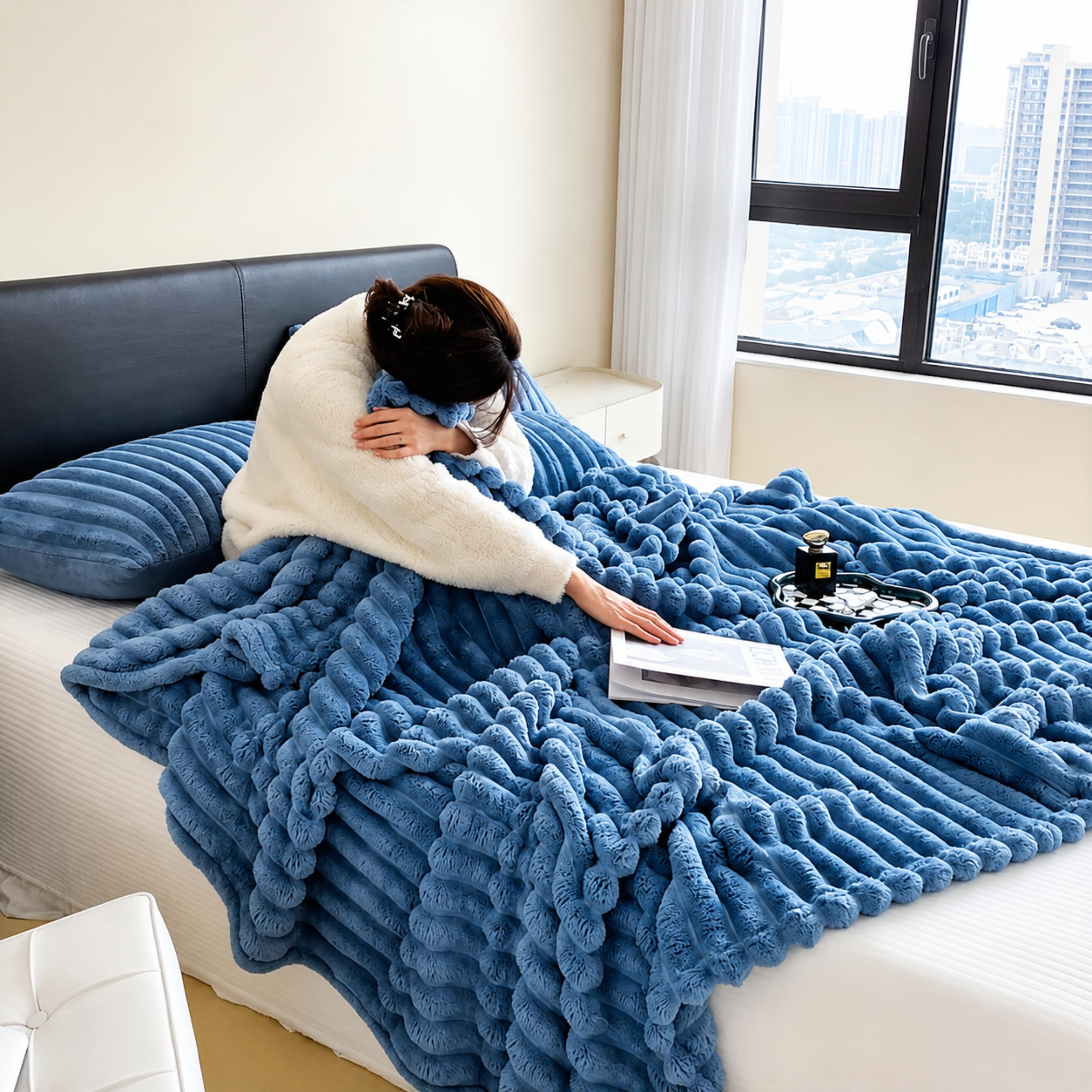 Soft Plush Ribbed Throw Blanket Warm Cozy Lightweight