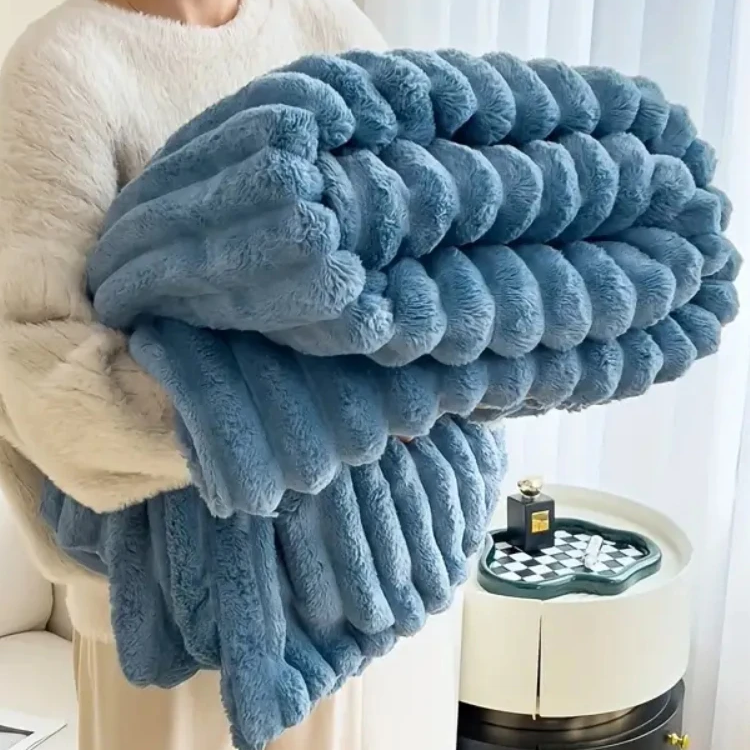 Soft Plush Ribbed Throw Blanket Warm Cozy Lightweight