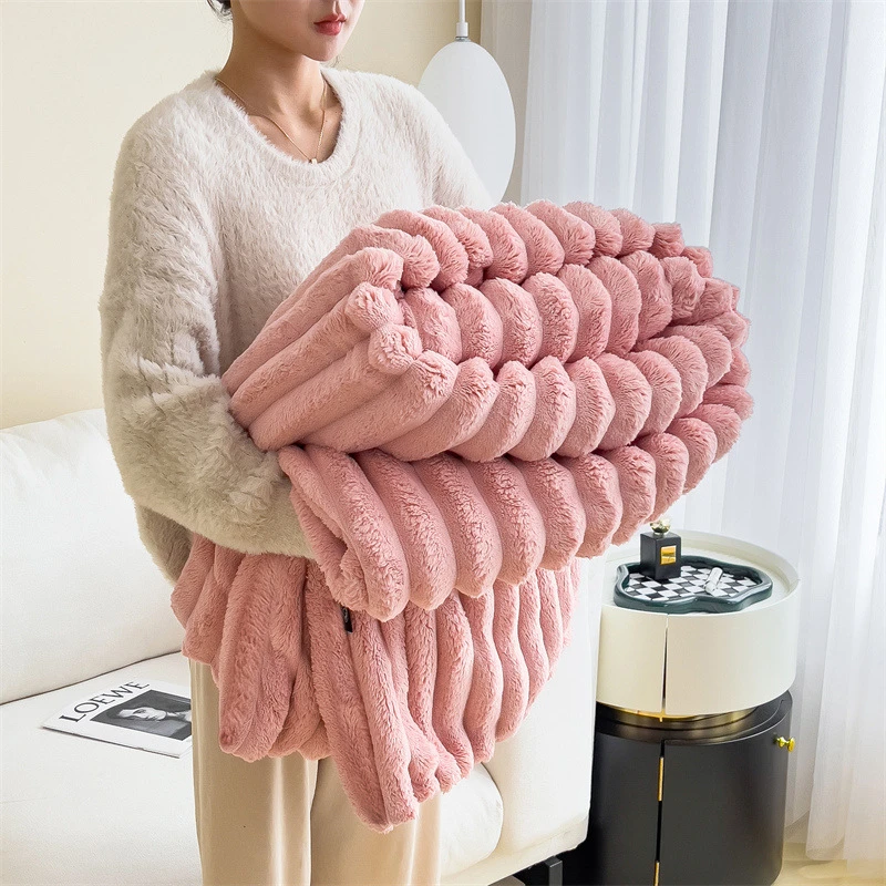 Soft Plush Ribbed Throw Blanket Warm Cozy Lightweight