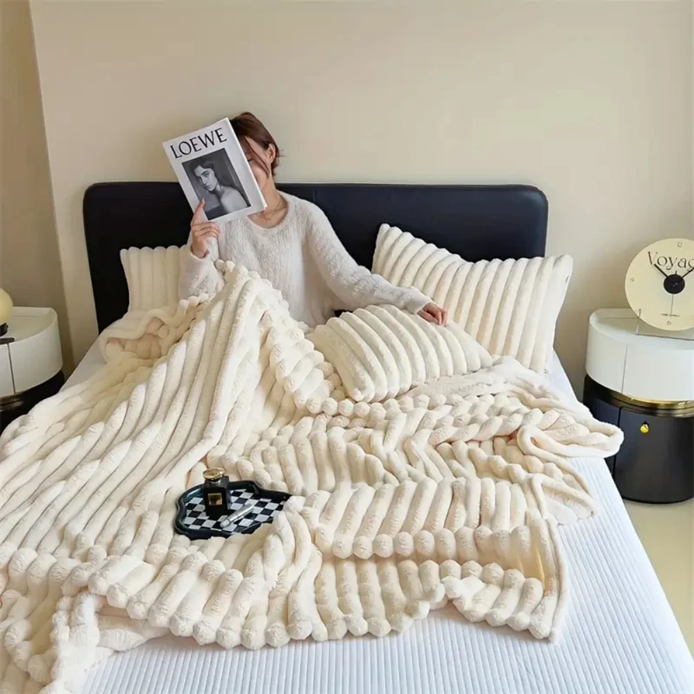 Soft Plush Ribbed Throw Blanket Warm Cozy Lightweight