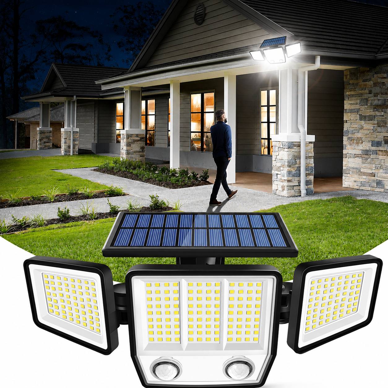 Solar Motion Sensor Light 3 Head Waterproof LED Outdoor