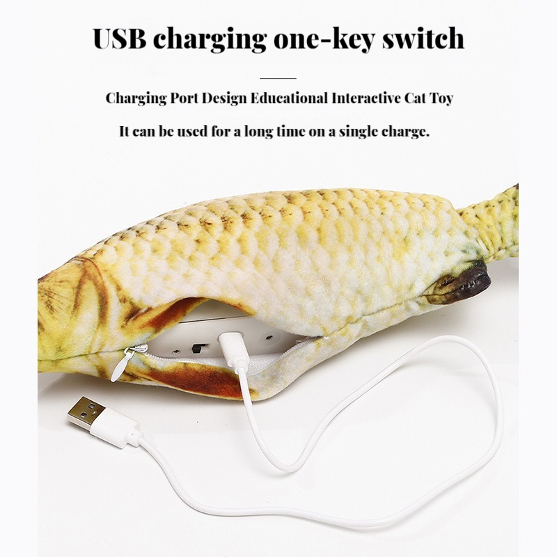 USB Rechargeable Interactive Flopping Fish Cat Toy with Realistic Moving Tail for Cats & Kittens