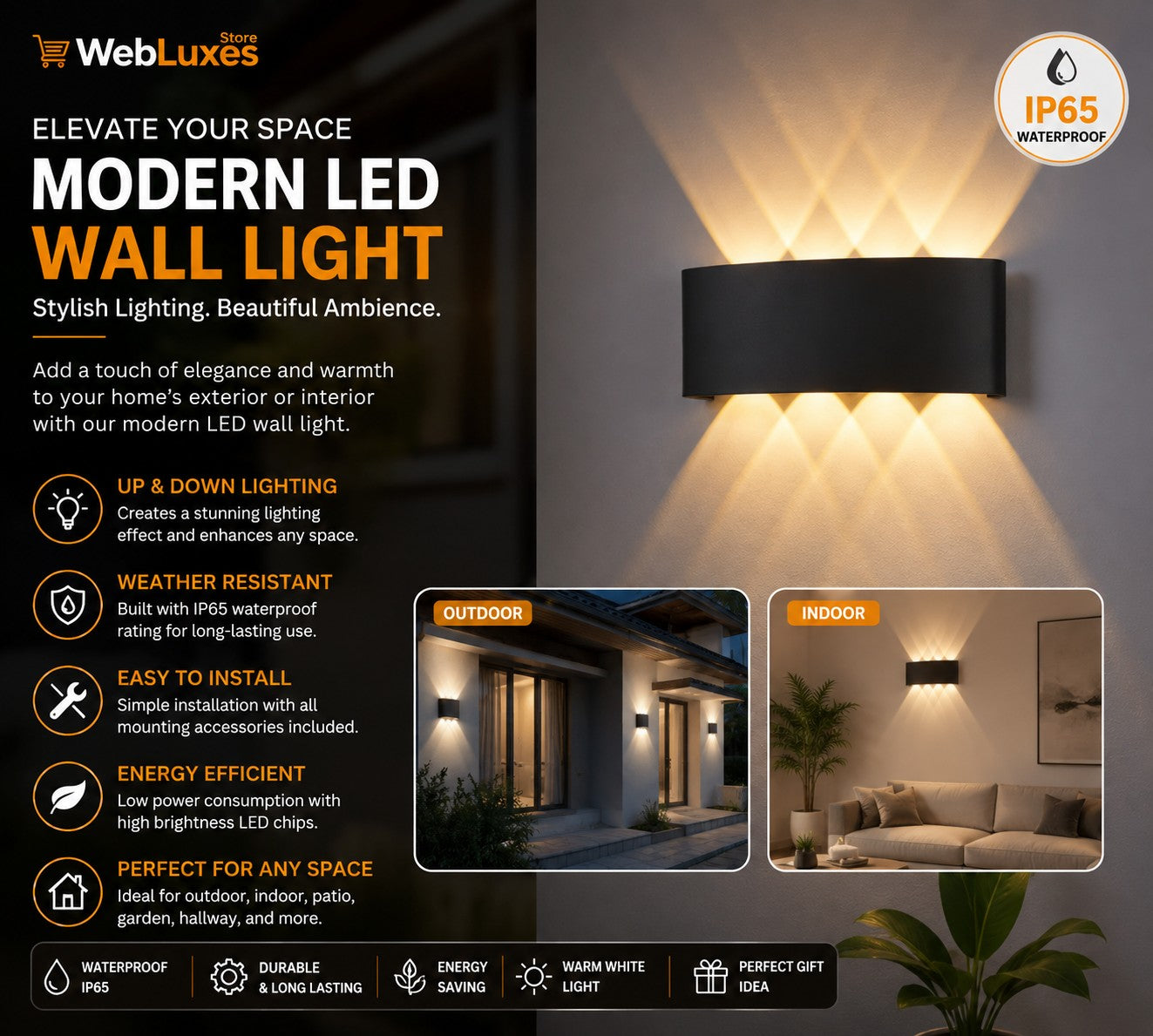 Up & Down LED Wall Lamp Waterproof Indoor Outdoor Wall Light for Bedroom & Living Room