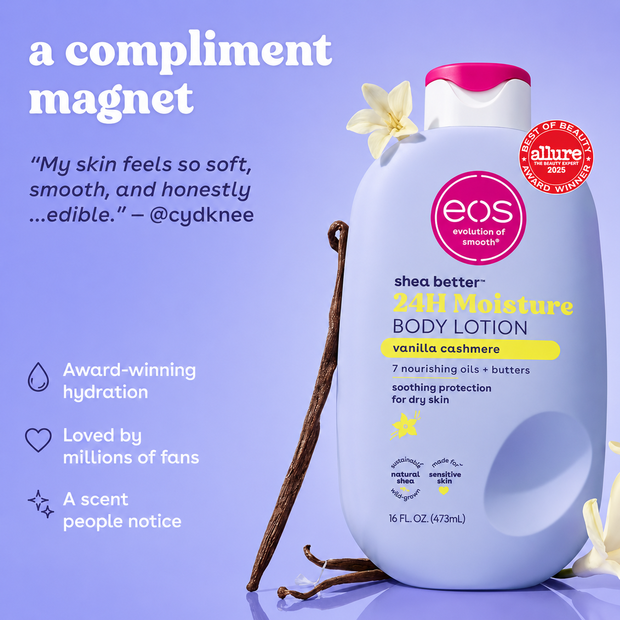Vanilla Cashmere Body Lotion with Shea Butter - 24-Hour Moisturizing Lotion for Dry Skin, Lightweight & Non-Greasy, 16 fl oz