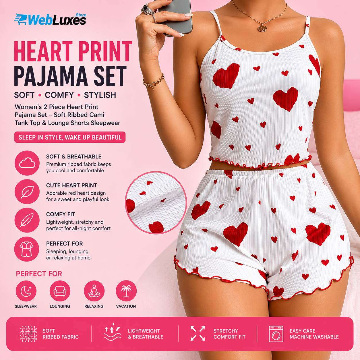 Women's 2 Piece Heart Print Pajama Set – Soft Ribbed Cami Tank Top & Lounge Shorts Sleepwear