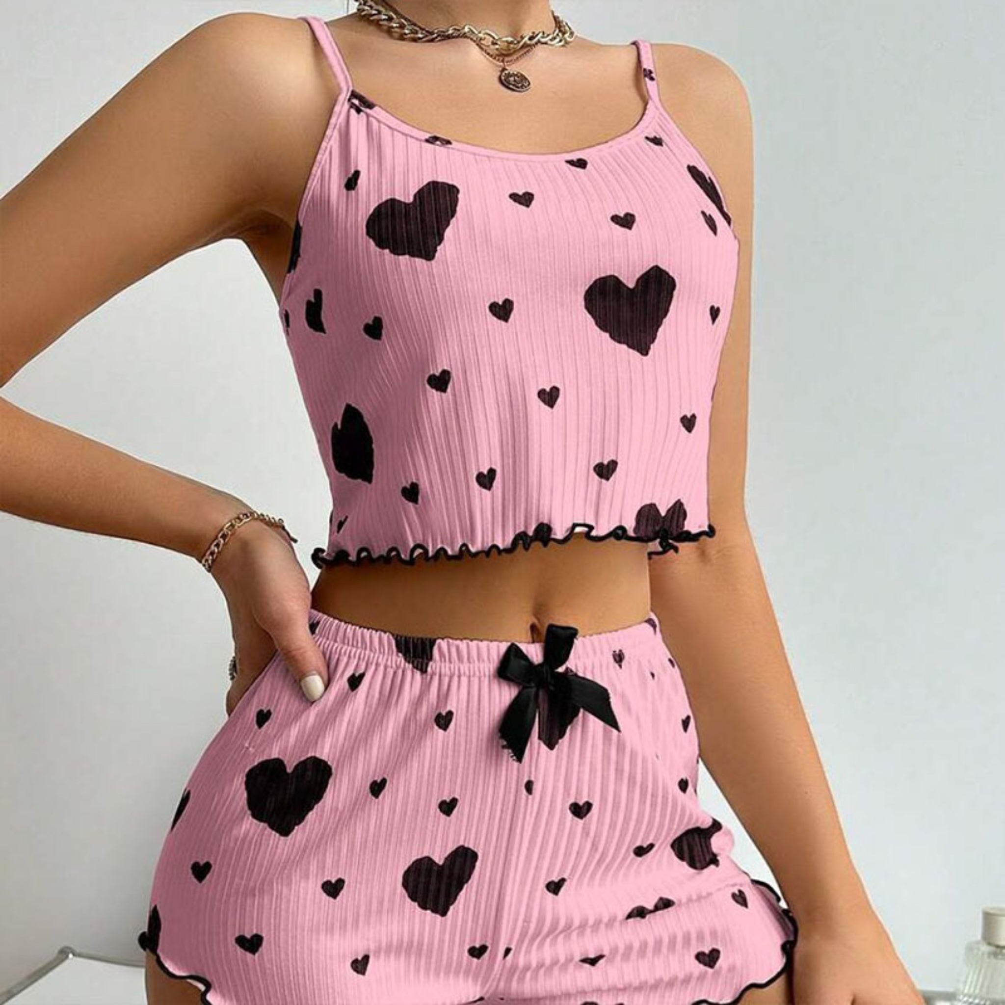 Women's 2 Piece Heart Print Pajama Set – Soft Ribbed Cami Tank Top & Lounge Shorts Sleepwear