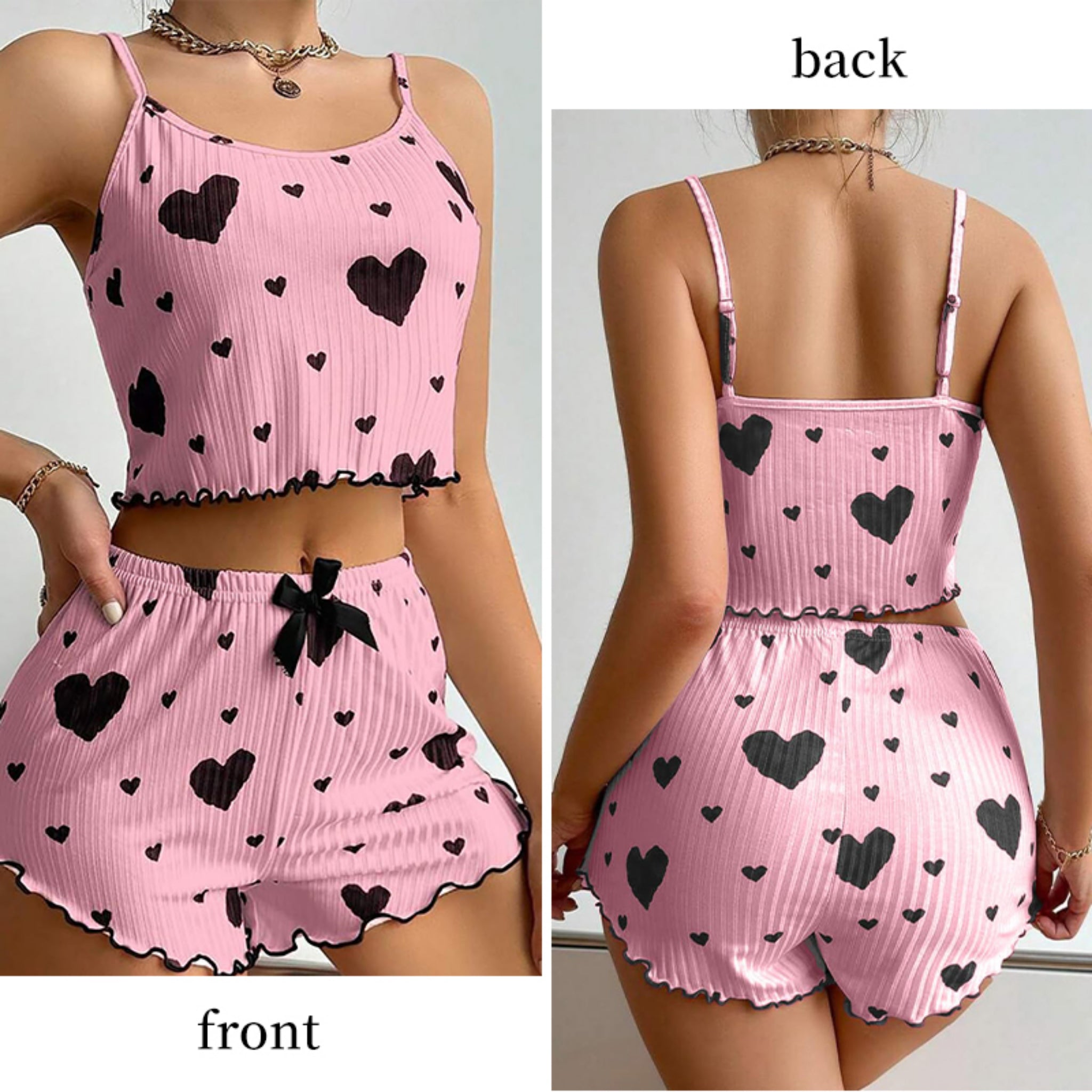 Women's 2 Piece Heart Print Pajama Set – Soft Ribbed Cami Tank Top & Lounge Shorts Sleepwear
