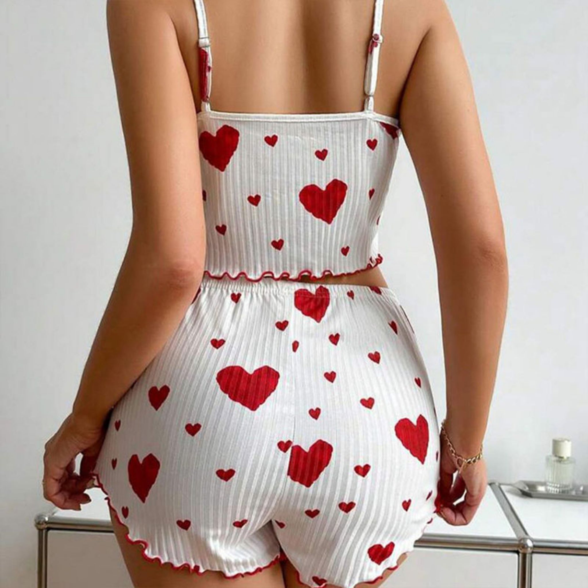 Women's 2 Piece Heart Print Pajama Set – Soft Ribbed Cami Tank Top & Lounge Shorts Sleepwear