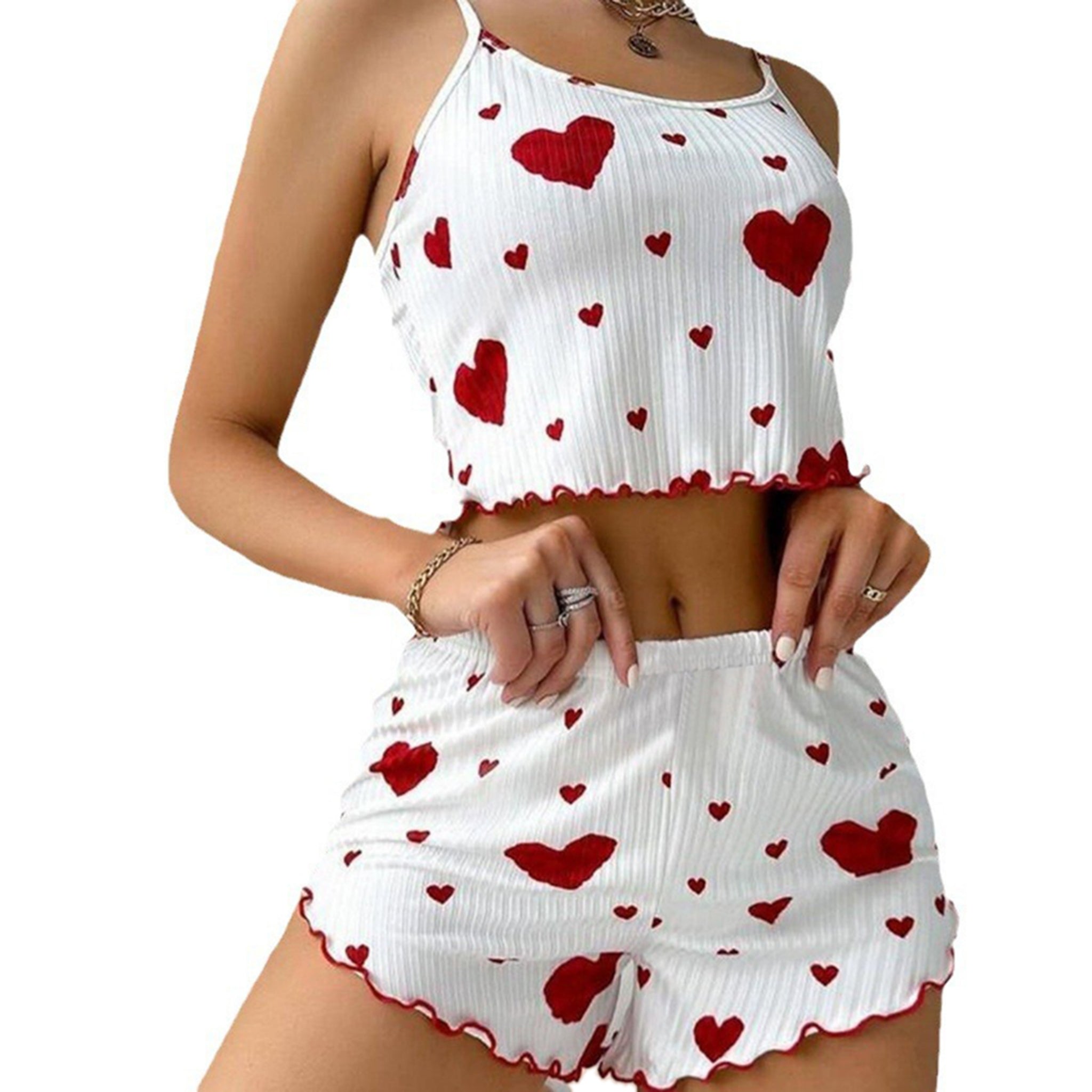 Women's 2 Piece Heart Print Pajama Set – Soft Ribbed Cami Tank Top & Lounge Shorts Sleepwear