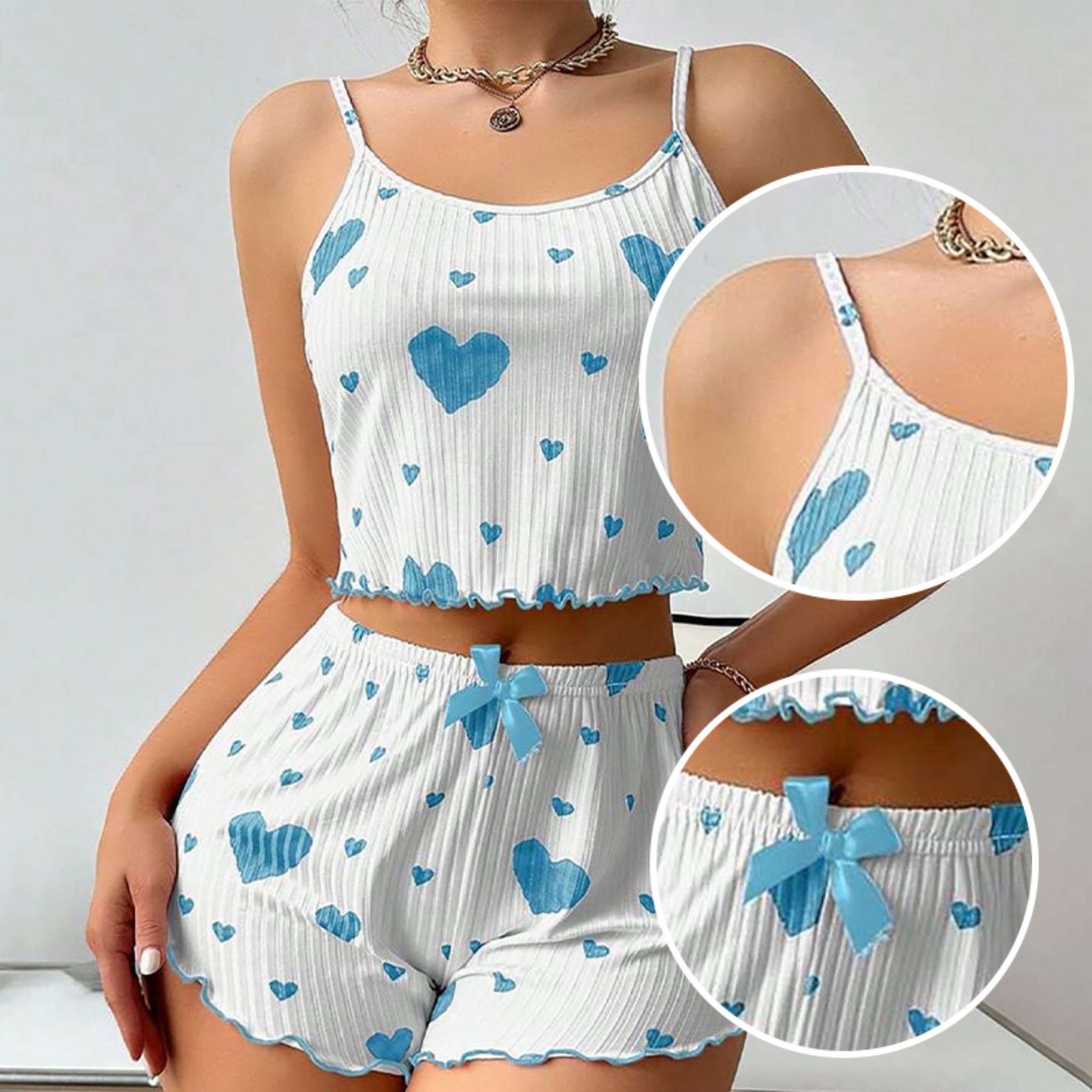 Women's 2 Piece Heart Print Pajama Set – Soft Ribbed Cami Tank Top & Lounge Shorts Sleepwear