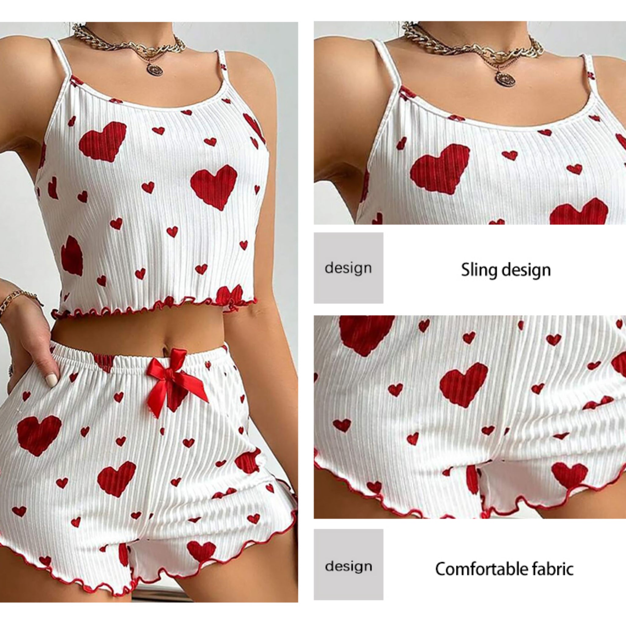 Women's 2 Piece Heart Print Pajama Set – Soft Ribbed Cami Tank Top & Lounge Shorts Sleepwear