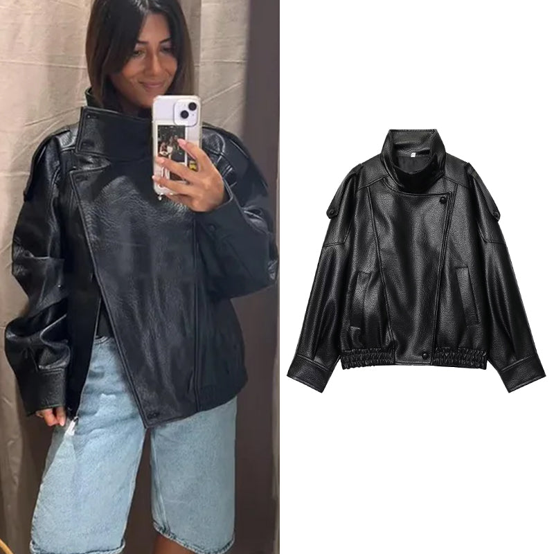 Women’s Black Faux Leather Jacket | Oversized Winter Coat