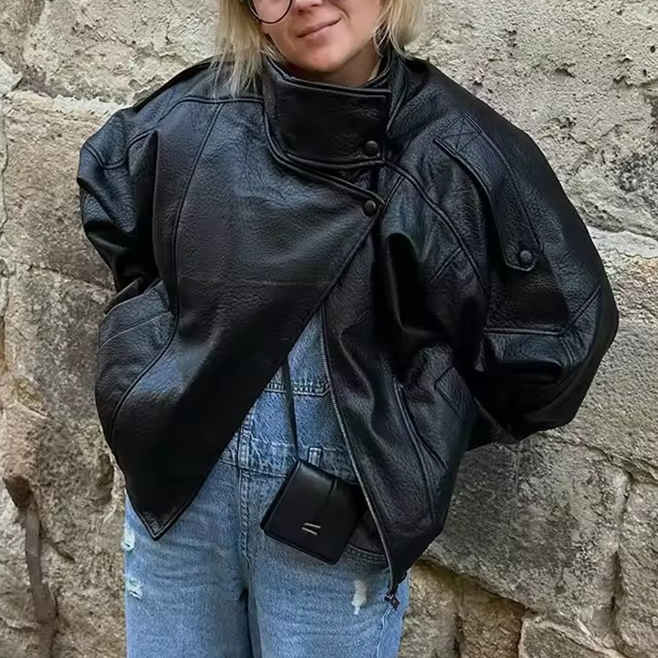 Women’s Black Faux Leather Jacket | Oversized Winter Coat