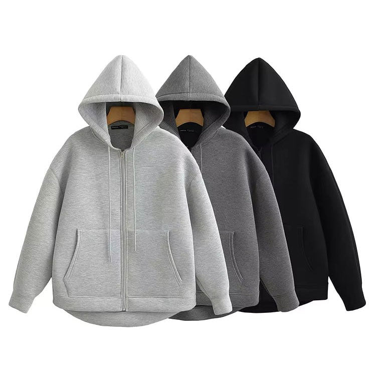 Women’s Gray Hooded Jacket | Loose Fit Autumn Zip Coat