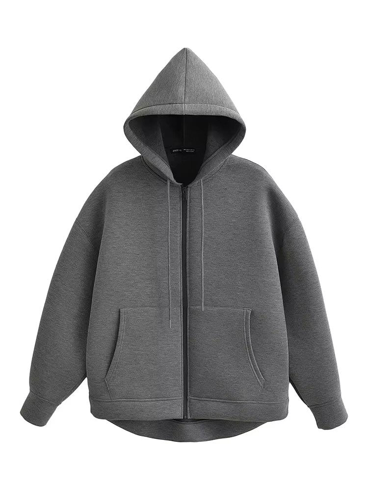 Women’s Gray Hooded Jacket | Loose Fit Autumn Zip Coat