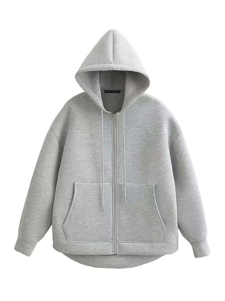 Women’s Gray Hooded Jacket | Loose Fit Autumn Zip Coat