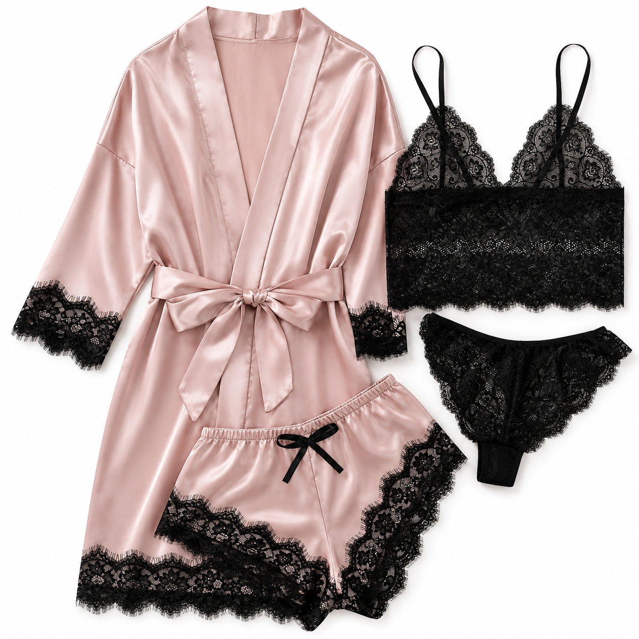 Women's Lace Pajama Set Satin Camisole Shorts & Robe