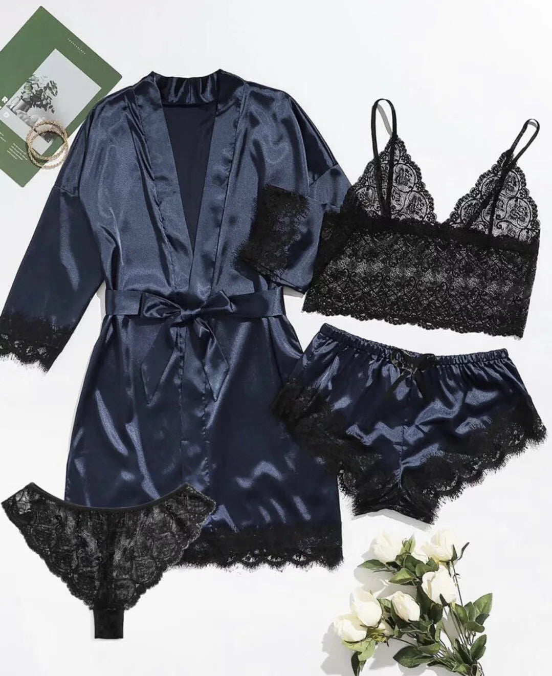 Women's Lace Pajama Set Satin Camisole Shorts & Robe
