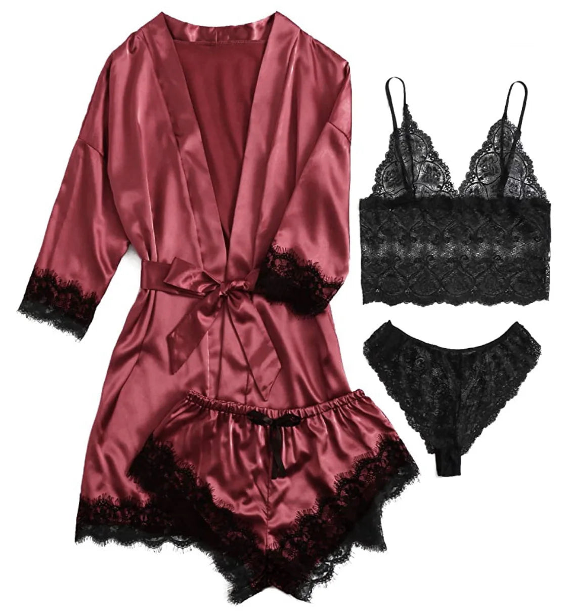 Women's Lace Pajama Set Satin Camisole Shorts & Robe