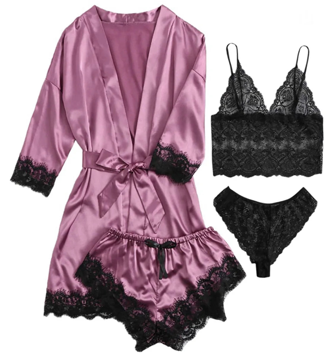 Women's Lace Pajama Set Satin Camisole Shorts & Robe