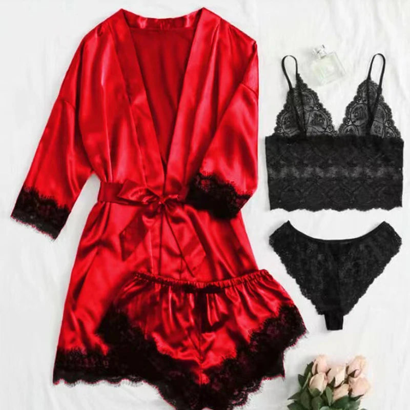Women's Lace Pajama Set Satin Camisole Shorts & Robe