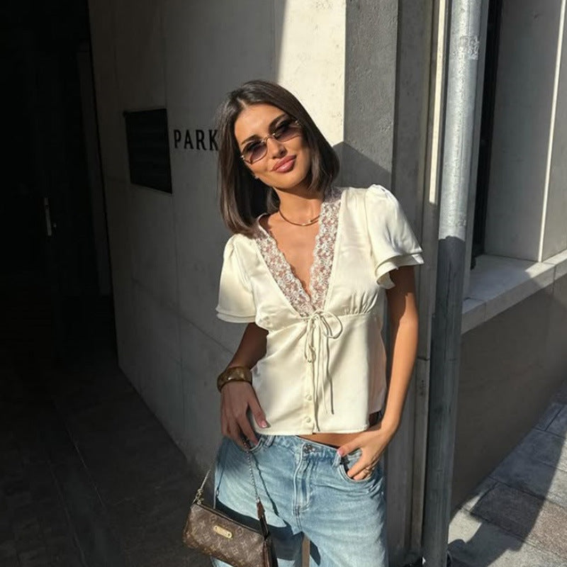 Women’s Satin Lace V-Neck Top | Slim Fit Summer T-Shirt