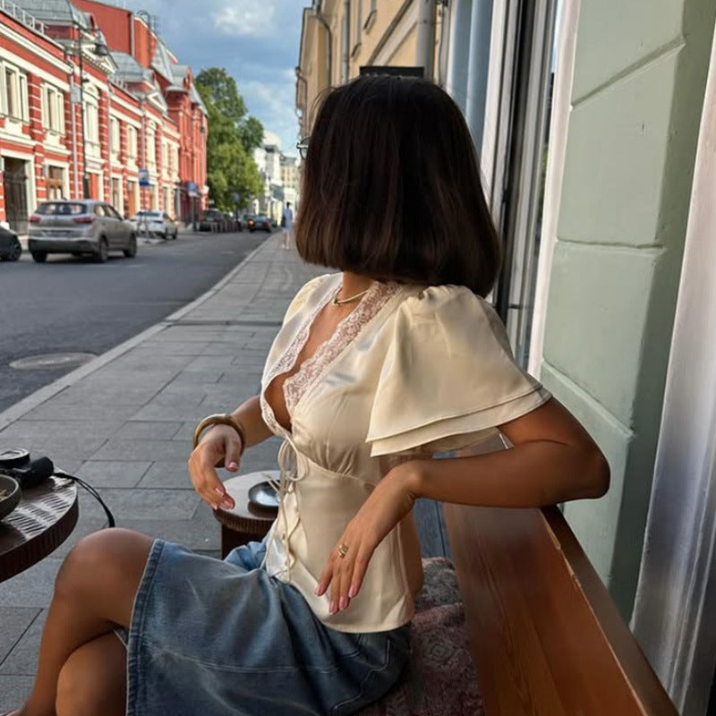 Women’s Satin Lace V-Neck Top | Slim Fit Summer T-Shirt