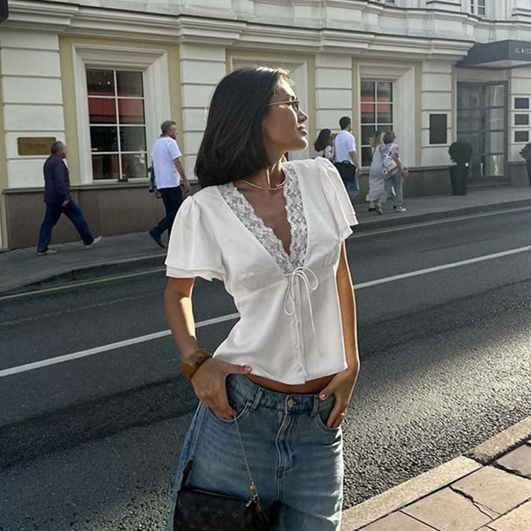 Women’s Satin Lace V-Neck Top | Slim Fit Summer T-Shirt