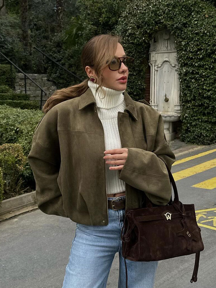 Women’s Suede Winter Coat | Vintage Loose Zipper Jacket