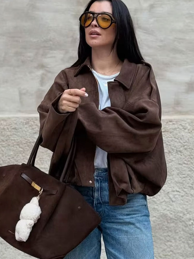 Women’s Suede Winter Coat | Vintage Loose Zipper Jacket