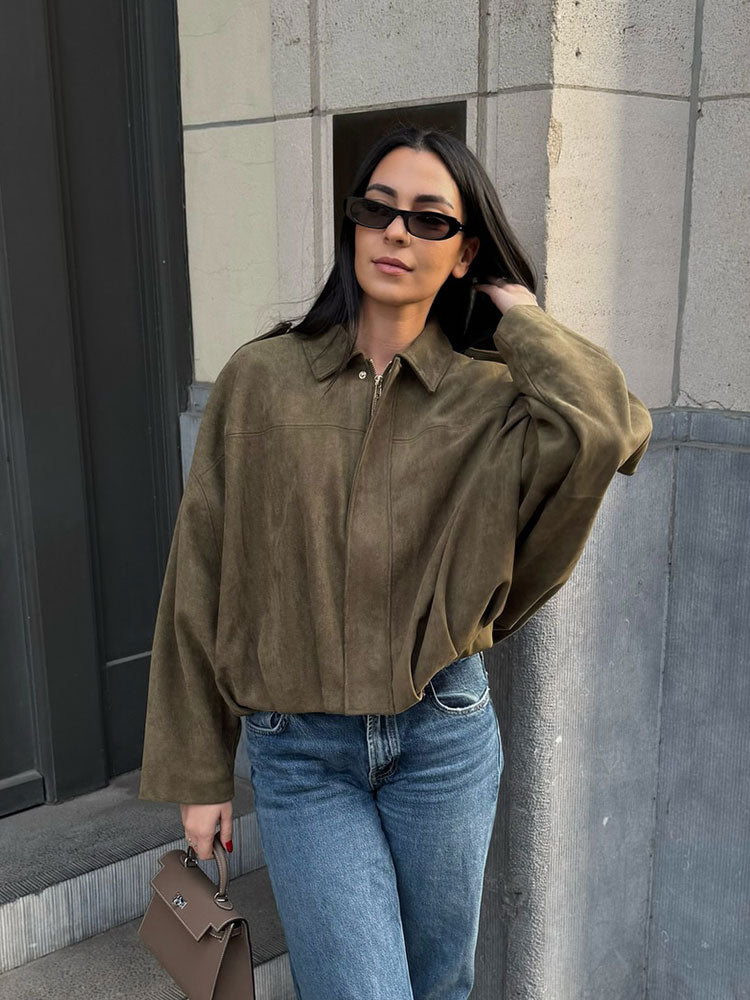 Women’s Suede Winter Coat | Vintage Loose Zipper Jacket
